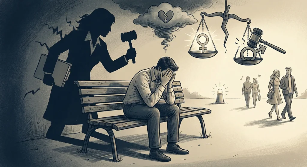 The Silent Crisis: When Men become the Invisible Victims of Marital Trauma 1 illustration of a man disappointed and sitting on a bench