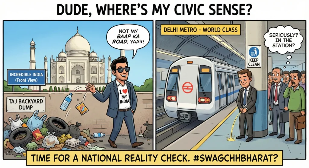 Where’s My Civic Sense? The Incredible Irony of the Great Indian Litterbug 1 People throwing trash in public place in India illustration.