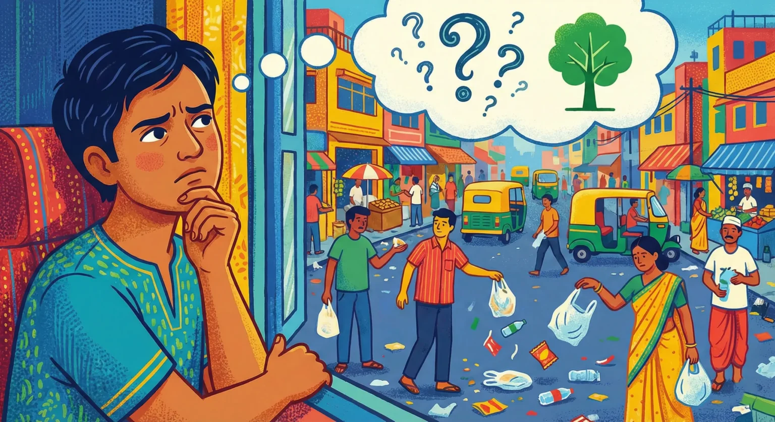 Home 2 illustration of a boy thinking and getting puzzled by the view of people throwing trash all over the place